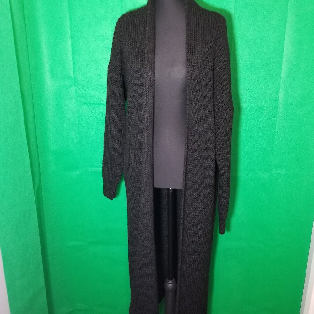 Boohoo Women’s Size S/M Cable Knit Open Long Cardigan Black Soft Cozy Warm